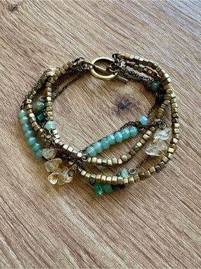 Vintage Boho Multi-Strand Antique Brass & Aqua Glass Bead Toggle Bracelet 7”